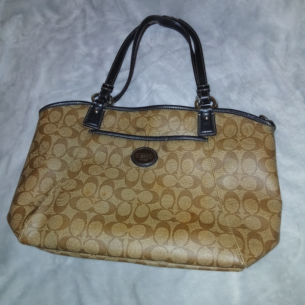 Coach Tan and Black Signature Tote Bag